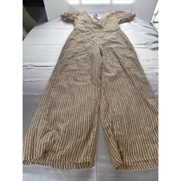 Free People Striped Tan/White Jumpsuit With V-Neck Tie Back Design size M - Picture 2 of 14